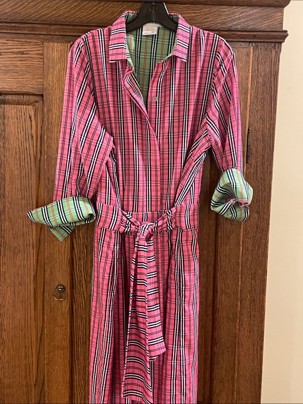 Gretchen Scott Designs Pink Plaid Long Sleeve Shirt Dress with Green Contrast XL
